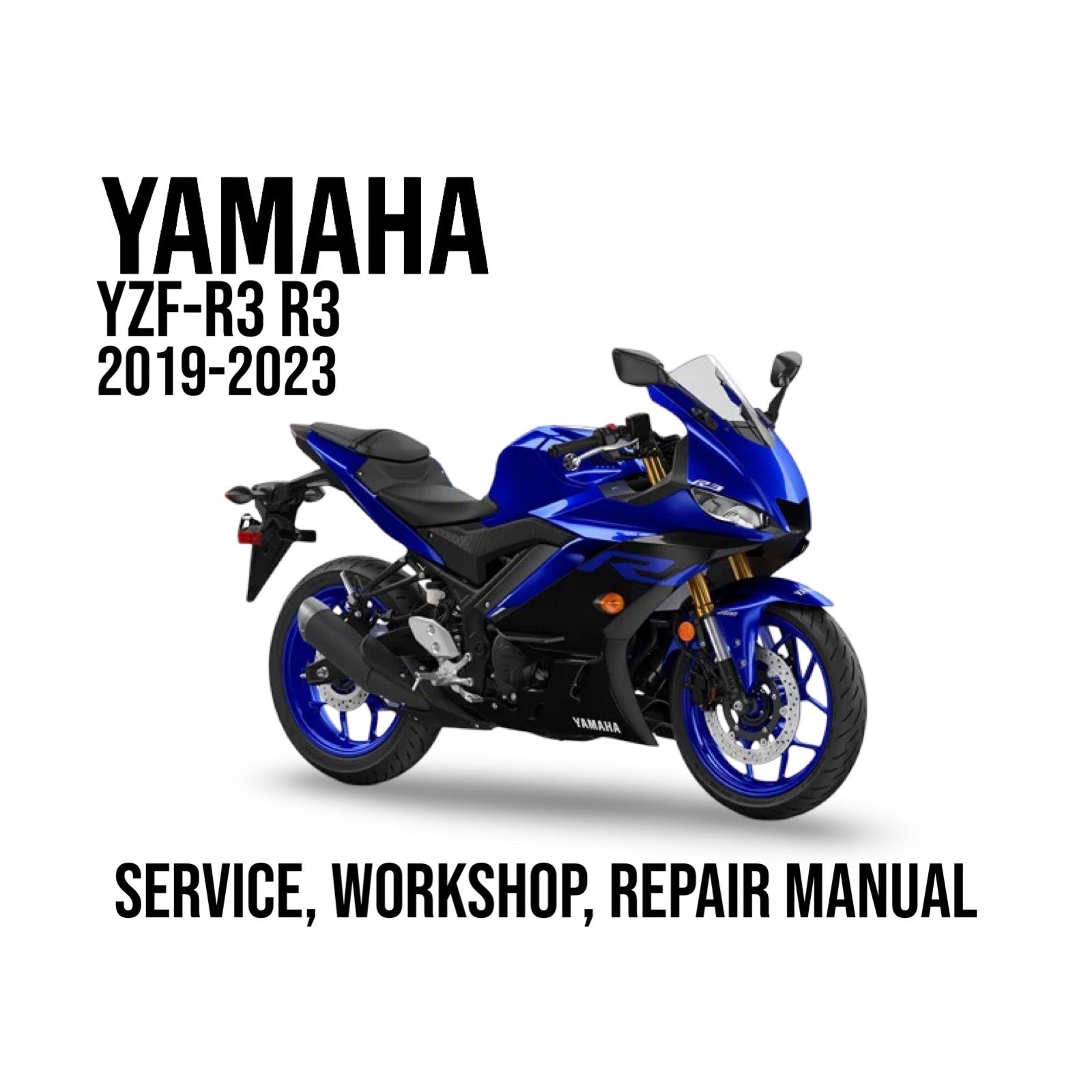 Yamaha YZF-R3 motorcycle on a white background with text about service, workshop, and repair manual.
