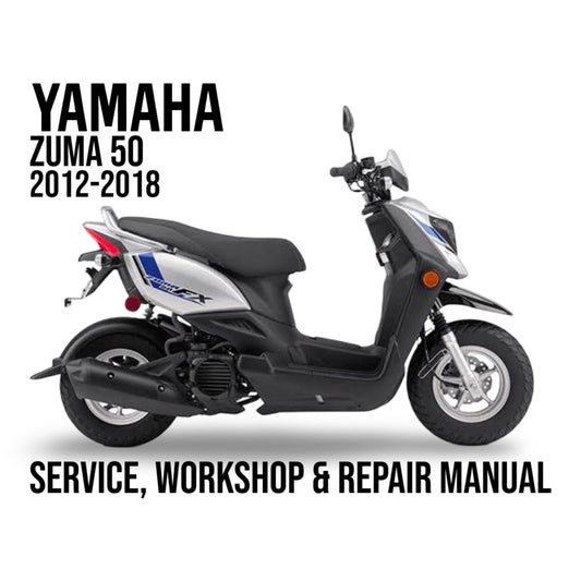 Yamaha Zuma 50 scooter with text about service, workshop, and repair manual on a white background