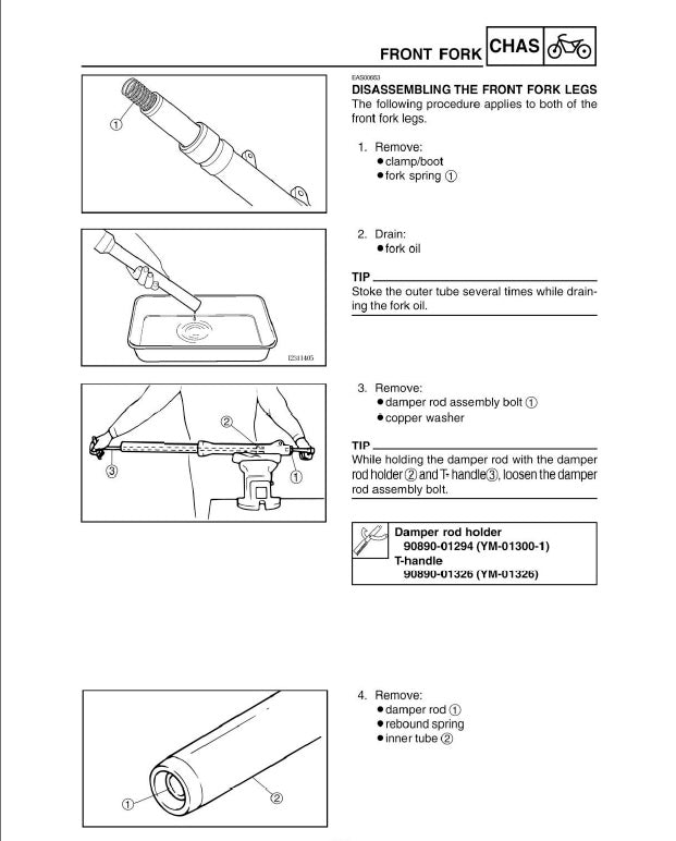 Technical diagram for disassembling front fork legs of a vehicle, with labeled steps and illustrations.