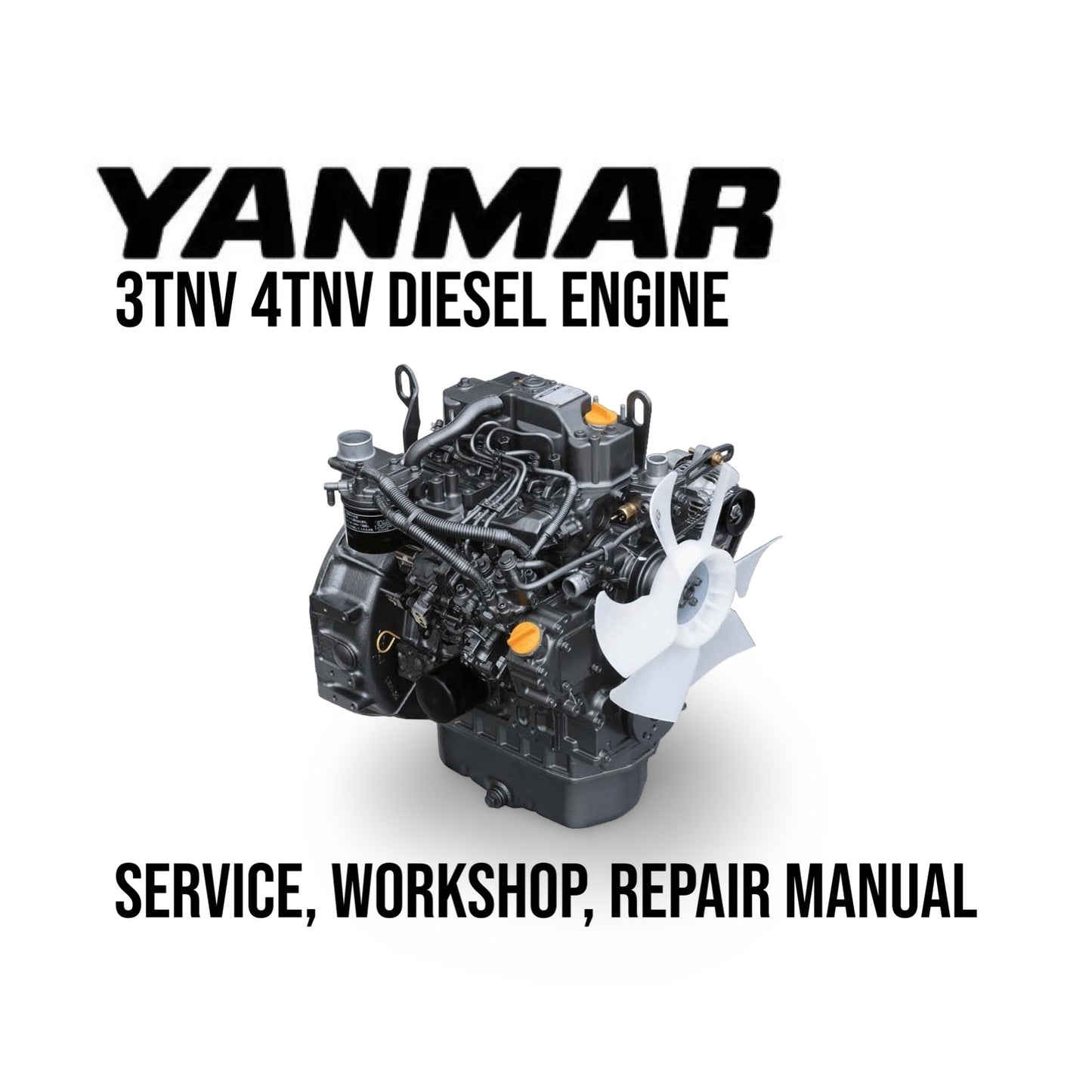 Yanmar 3TNV 4TNV diesel engine on a white background with text about service, workshop, and repair manual.