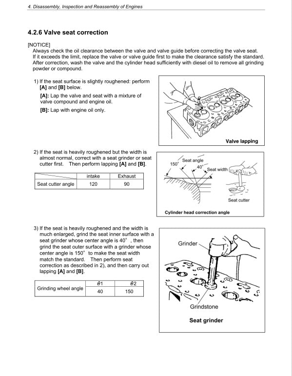 Technical manual page on valve seat correction with diagrams and text.