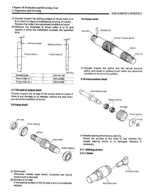 Technical diagram of mechanical components with text on inspection and replacement procedures.