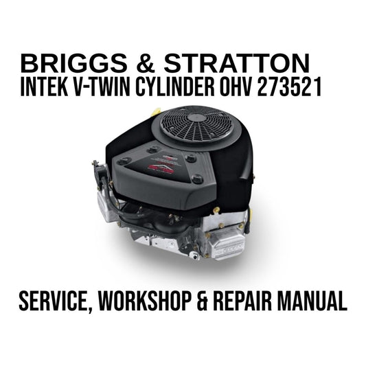 Briggs & Stratton Intek V-Twin Cylinder OHV engine on a white background with text about a service, workshop, and repair manual.