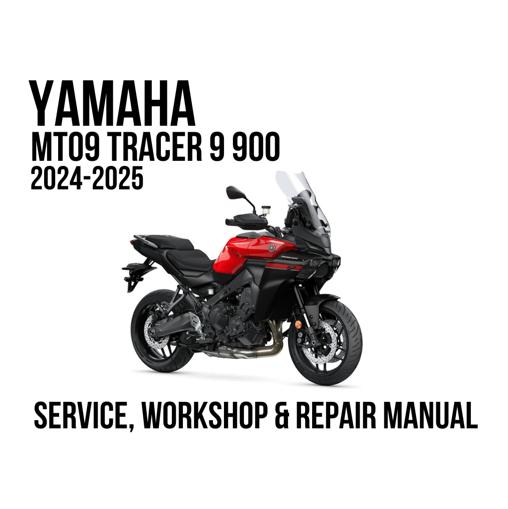 Yamaha MTO9 Tracer 9 900 service, workshop, and repair manual cover graphic featuring a red and black motorcycle on a white background with bold black text.