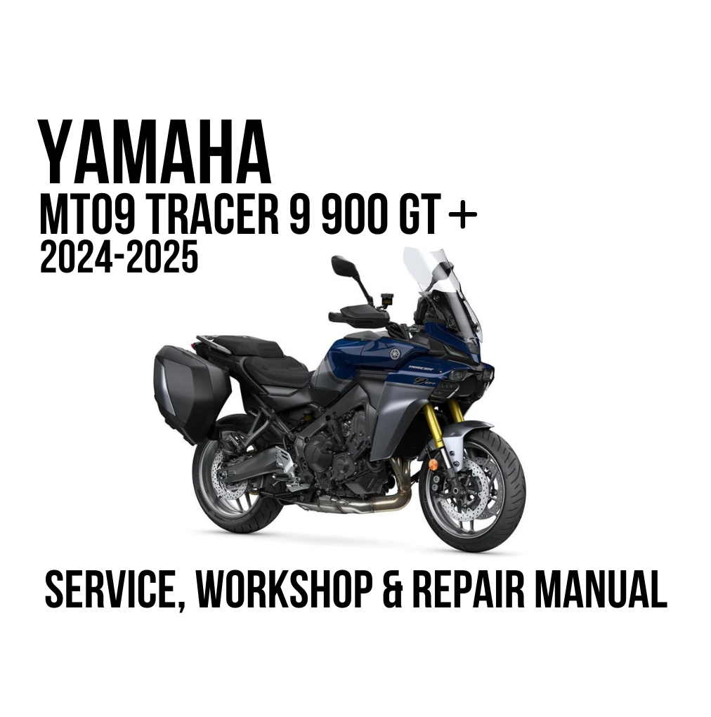 A service and workshop repair manual cover for a Yamaha MT09 Tracer 9 900 GT + motorcycle, shown with a photo of the blue and black motorcycle on a white background.